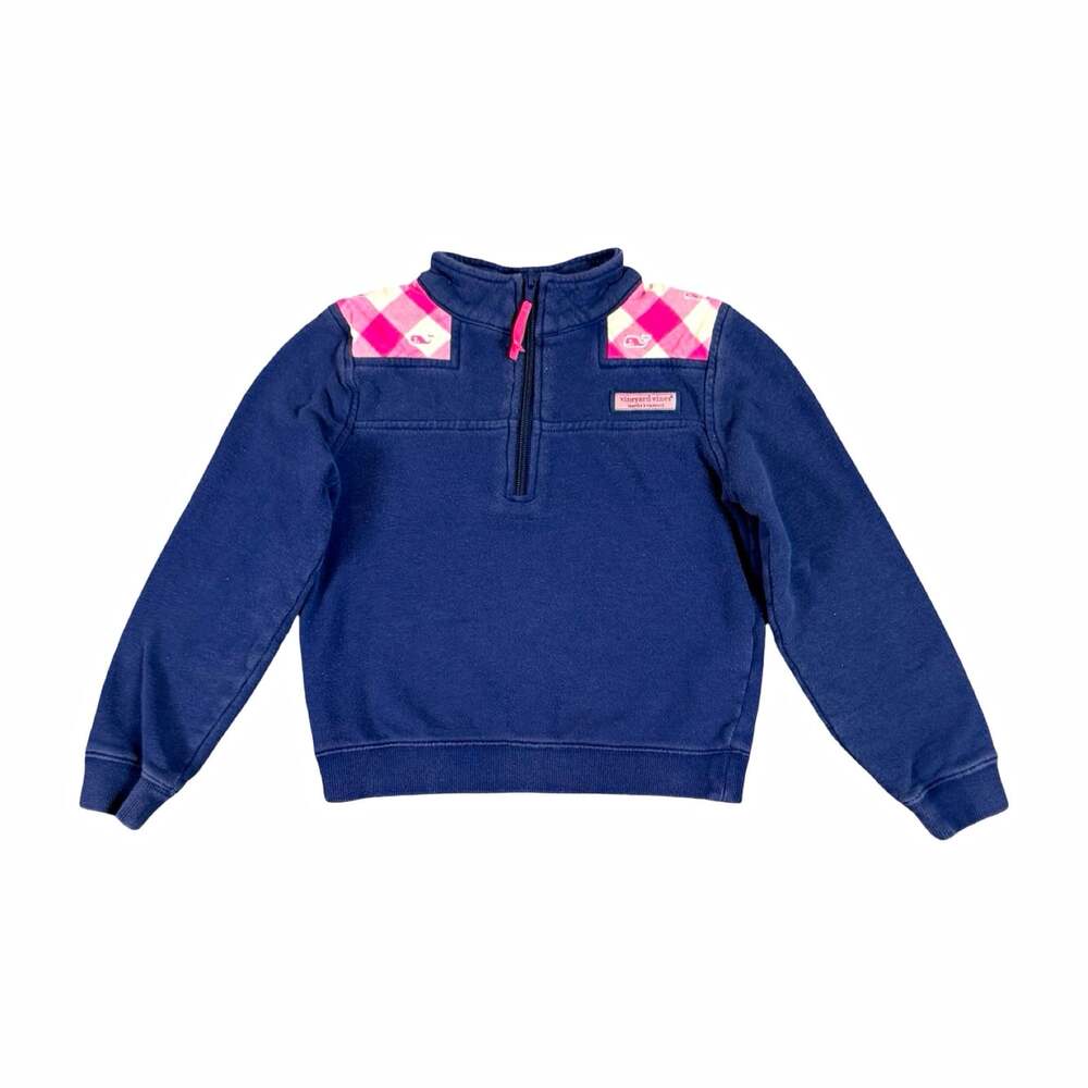 Vineyard Vines Youth XS 5-6 Blue Pink Plaid Logo 1/4 Zip Cotton Sweatshirt